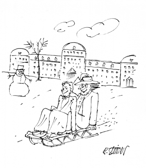 Cartoon of two Quakers on a sled